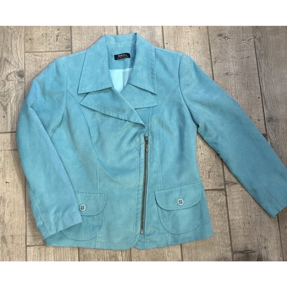 Tribal Blue Faux Suede Moto Jacket Women's Size 8 Asymmetrical Zip Pockets